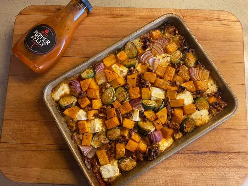 Pepper jelly roasted butternut squash and Brussel sprouts
