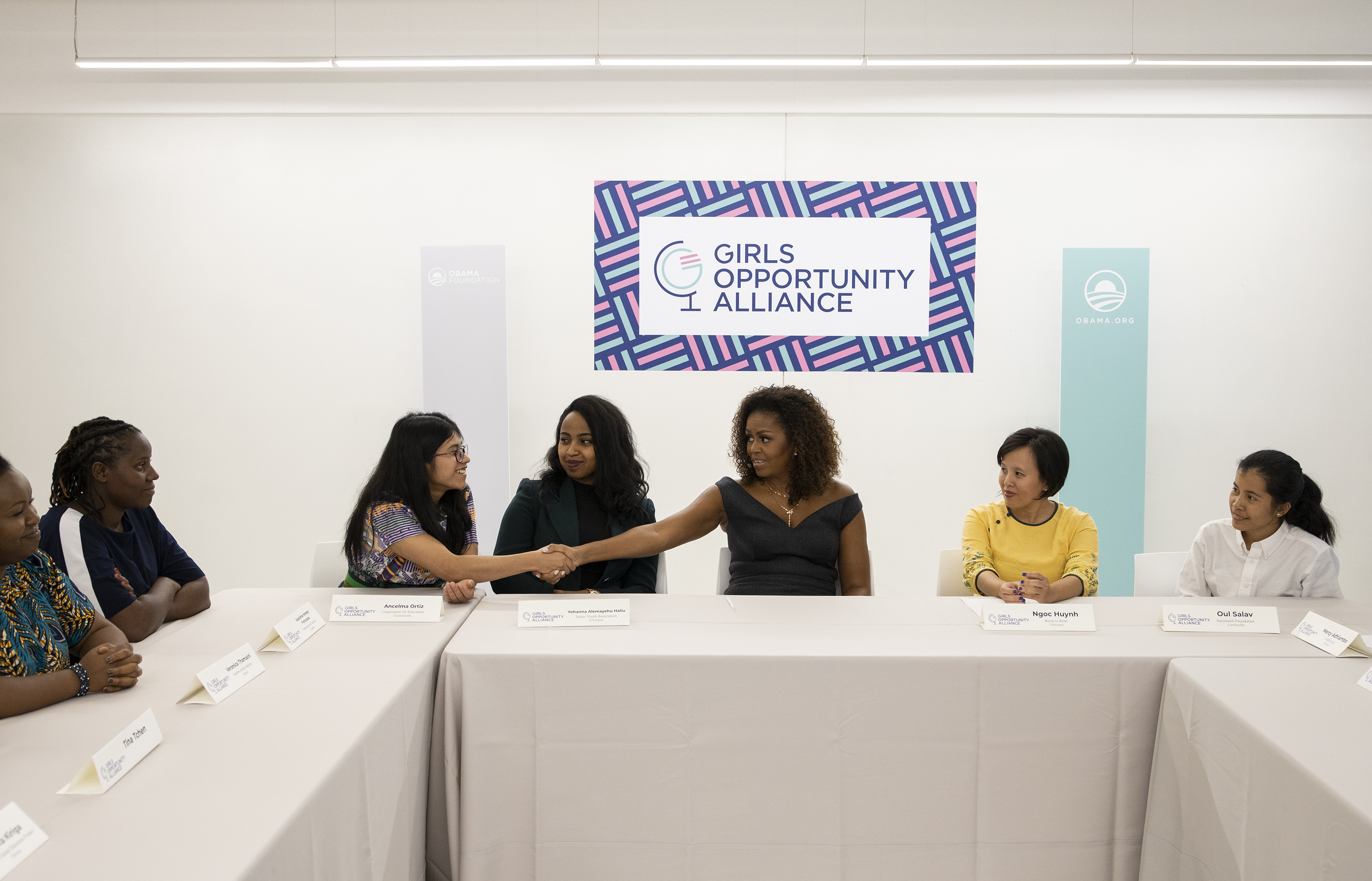 Mrs. Obama participates in the roundtable with girls from around the world.