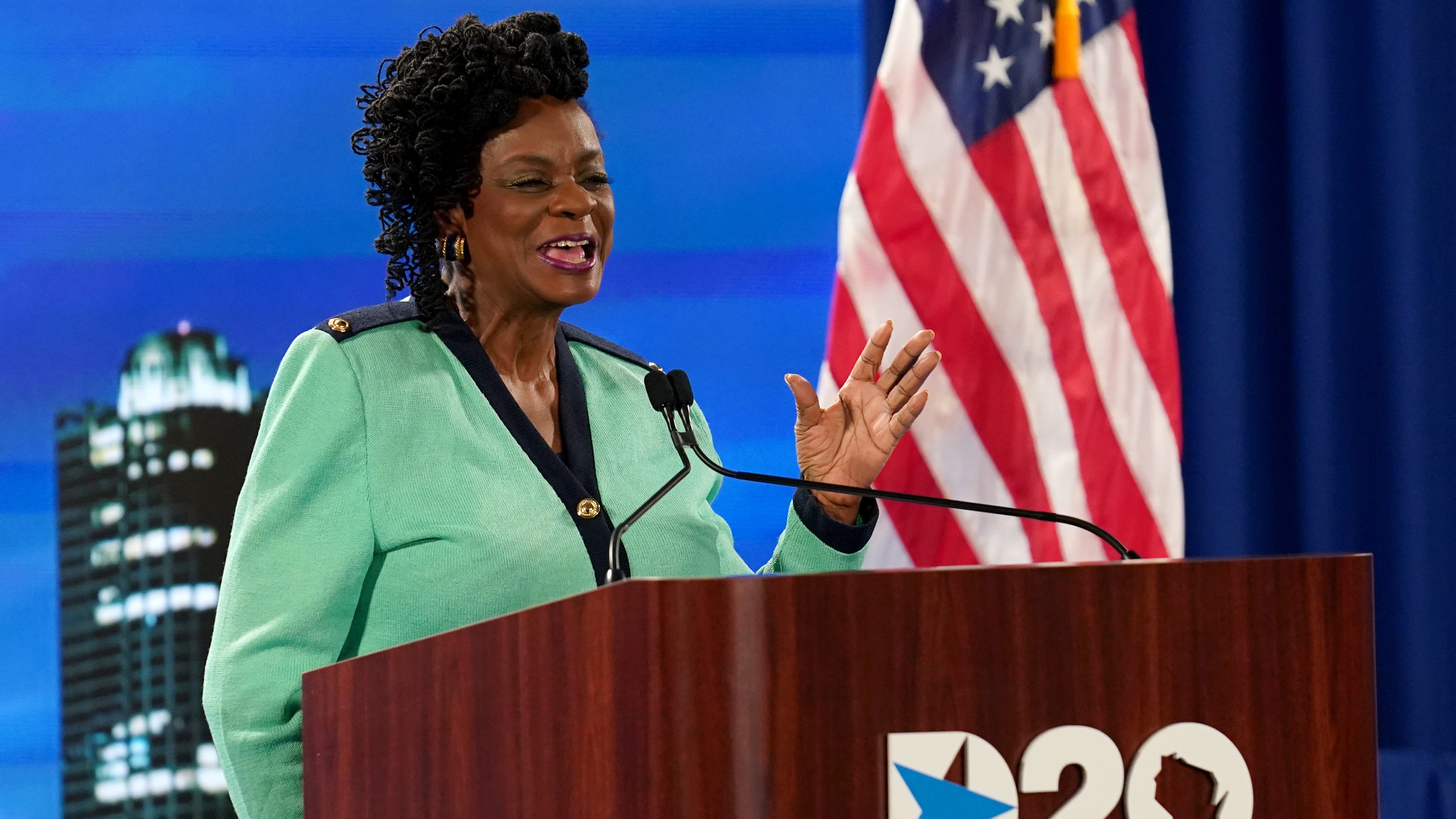 U.S. Rep. Gwen Moore (D-Wis.) speaks at the start of the Democratic National Convention at the Wisconsin Center on Monday. Moore spoke from a second-floor conference room, which was turned into a studio to kick off a mostly virtual convention due to the COVID-19 pandemic.