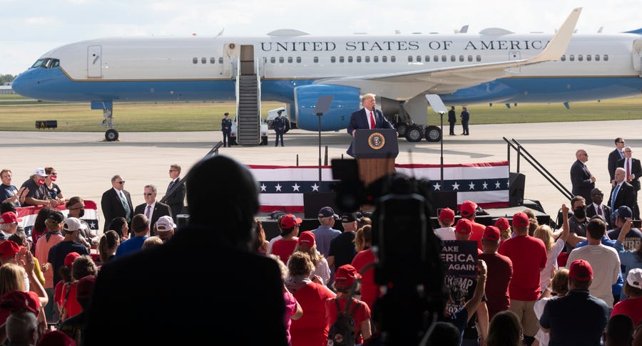 President Donald Trump speaks at a campaign event Monday, Aug. 17, 2020, at Wittman Regional Airport in Oshkosh. Trump made the Wisconsin stop on the first day of the Democratic National Convention in Milwaukee.