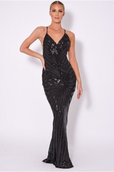 TIMELESS BLACK PLUNGE SEQUIN HOURGLASS MERMAID MAXI DRESS