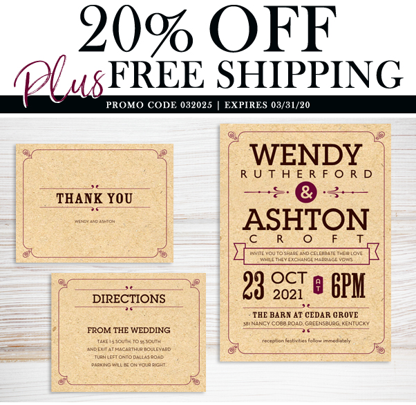Take 20% off plus free ground shipping on your next online order only at theamericanwedding.com