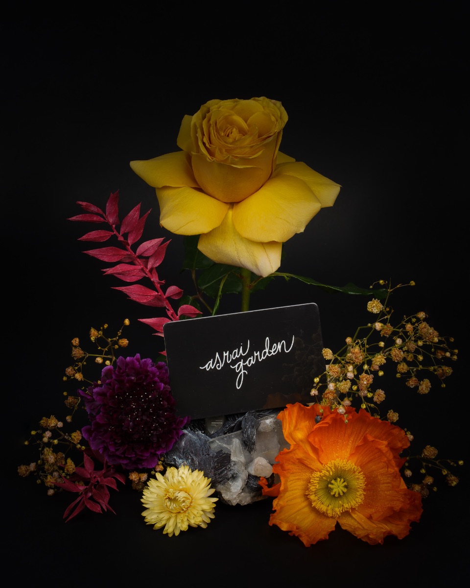 A black and dark lit background show orange, yellow and purple dried and fresh flowers. A black gift card with the name Asrai Garden sits on top of a crystal.