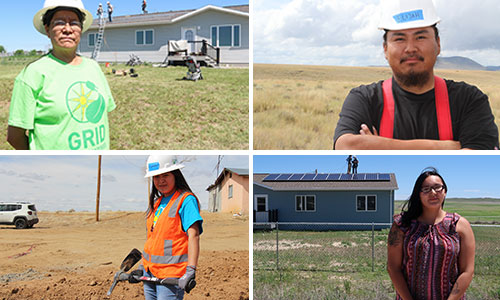 Four profile photos of Tribal leaders in front of houses with solar in the background.