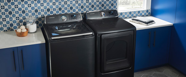 Samsung Fingerprint Resistant Top Load Washer with Gas Steam Dryer