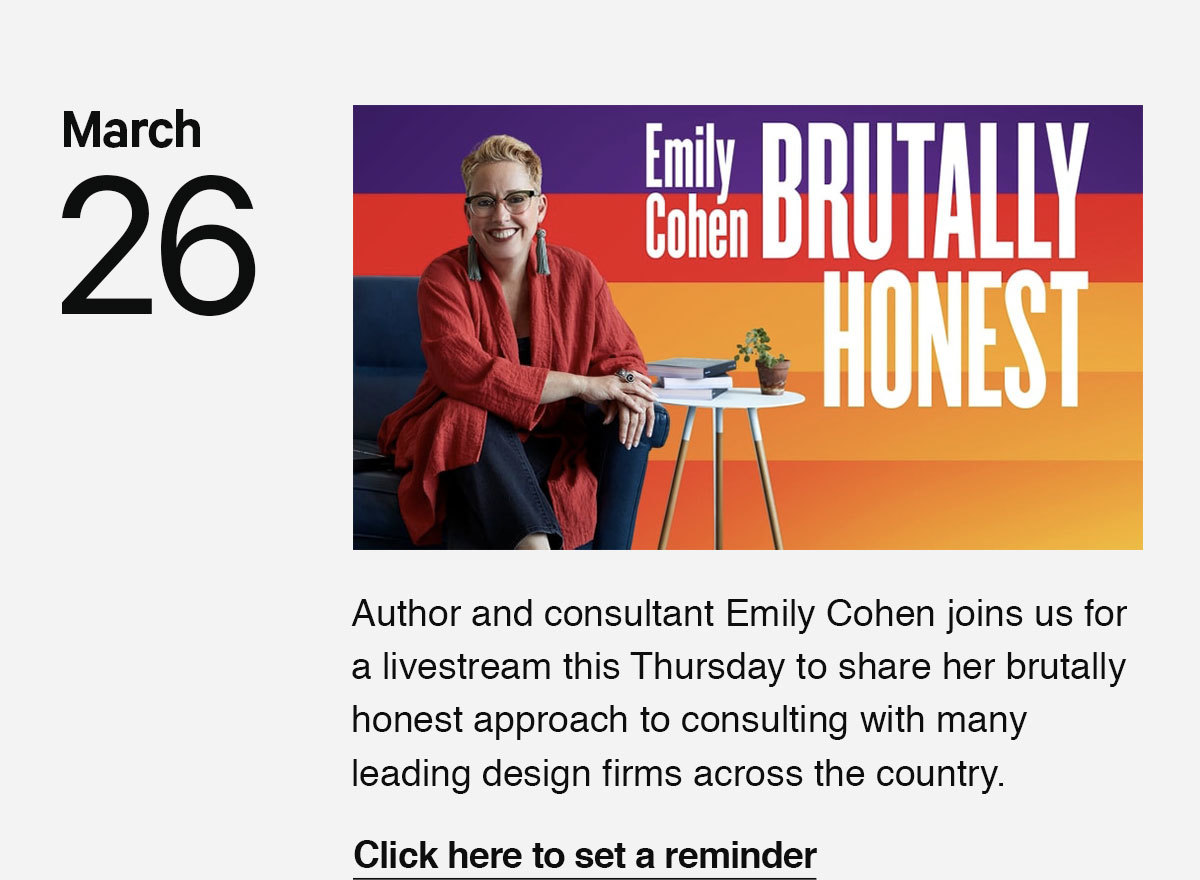 Don''t miss our livestream with author and design consultant Emily Cohen.
