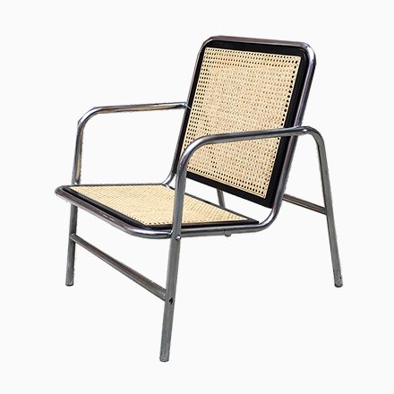 Image of Italian Chrome-Plated Steel, Wood, and Wicker Lounge Chairs, 1970s, Set of 2