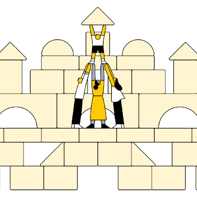 Image of people building a block structure