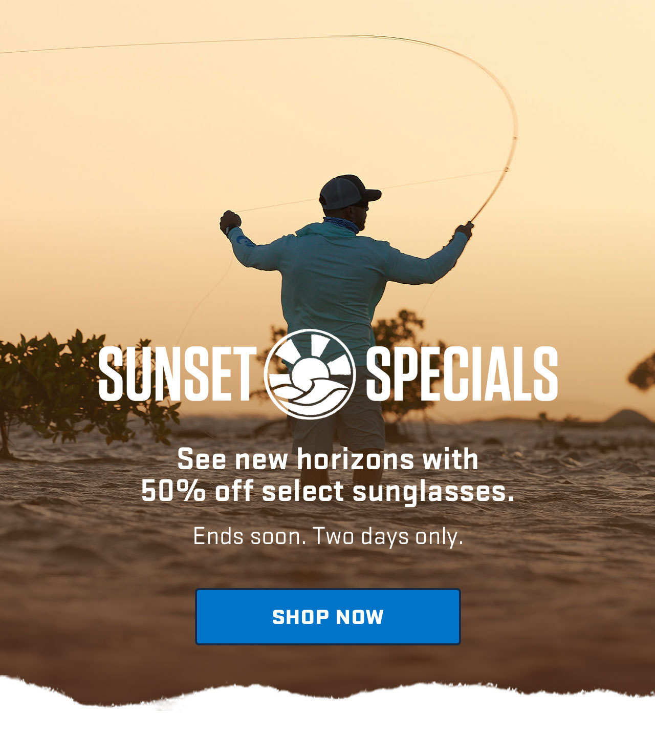 

SUNSET SPECIALS

See new horizons with
50% off select sunglasses.

Ends soon. Two days only.

[ SHOP NOW ]

									