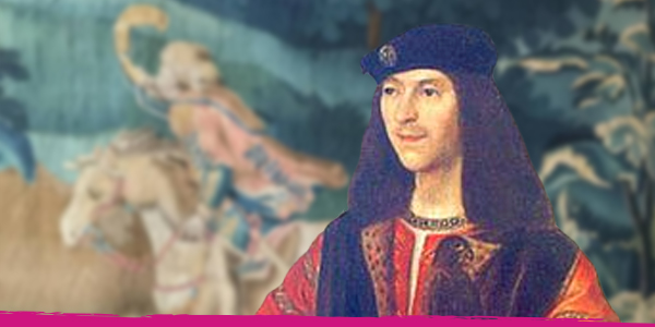 A portrait of James IV sits in front of a 17th-century Flemish tapestry from Falkland Palace