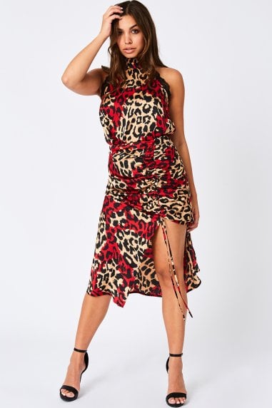 Cressida Red Leopard-Print Satin Midi Skirt Co-ord