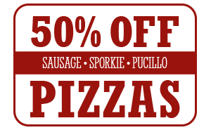 Save 50% off Sausage, Sporkie and Pucillo Pizzas