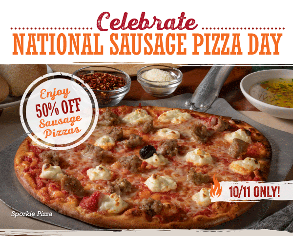 Celebrate National Sausage Pizza day with 50% off Sausage Pizzas - today only