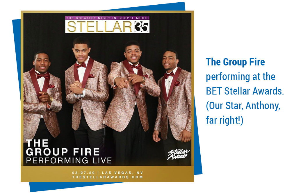 The Group Fire performing at the BET Stellar Awards. (Our Star, Anthony, far right!)