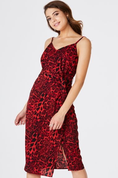 Nava Red Leopard Satin Slip Dress
