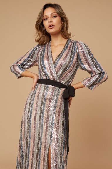 Kadence Sequin Stripe Wrap Maxi Dress