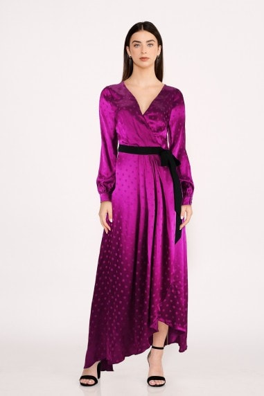 Tasmin Mulberry Polka-Dot Asymmetric Maxi Wrap Dress