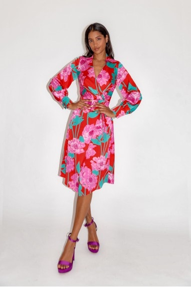 Overscaled Floral Midi Fake Wrap Dress in Contrast Colours