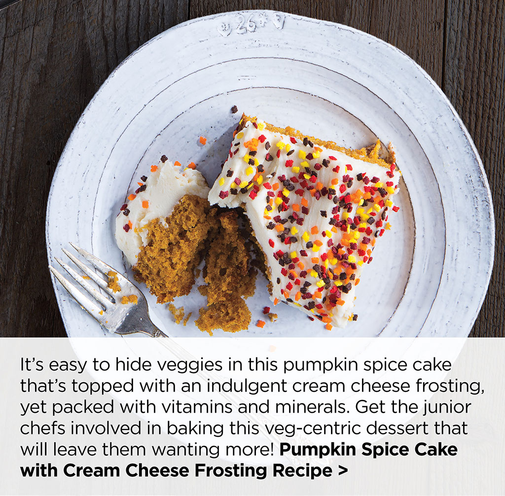 It's easy to hide veggies in this pumpkin spice cake that's topped with an indulgent cream cheese frosting, yet packed with vitamins and minerals. Get the junior chefs involved in baking this veg-centric dessert that will leave them wanting more! Pumpkin Spice Cake with Cream Cheese Frosting Recipe >