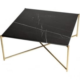 Black Marble Square Coffee Table with Brass Cross Base