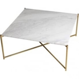 White Marble Square Coffee Table with Brass Cross Base