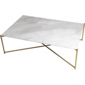 White Marble Rectangular Coffee Table with Brass Cross Base