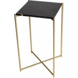 Black Marble Square Lamp Table with Brass Cross Base