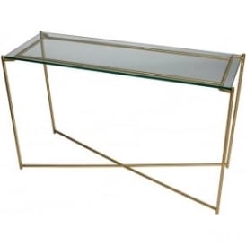 Clear Glass Large Console Table with Brass Cross Base