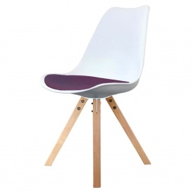 Eiffel Inspired White and Aubergine Purple Plastic Dining Chair with Square Pyramid Light Wood Legs