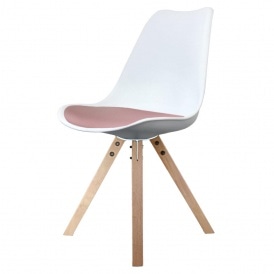 Eiffel Inspired White and Blush Pink Dining Chair with Square Pyramid Light Wood Legs