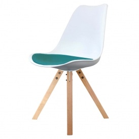 Eiffel Inspired White and Teal Dining Chair with Square Pyramid Light Wood Legs