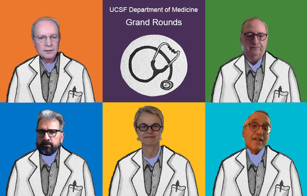 UCSF's Department of Medicine Grand Rounds on May 7, 2020 included (from top left): Dr. Bob Wachter, Dr. George Rutherford, Nevan Krogan, Dr. Melanie Ott and Dr. Donald Ganem. Illustration by Molly Oleson; photos from screenshots of live event.