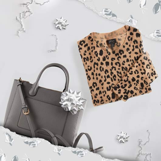 Leopard print sweater and gray bag flatlay