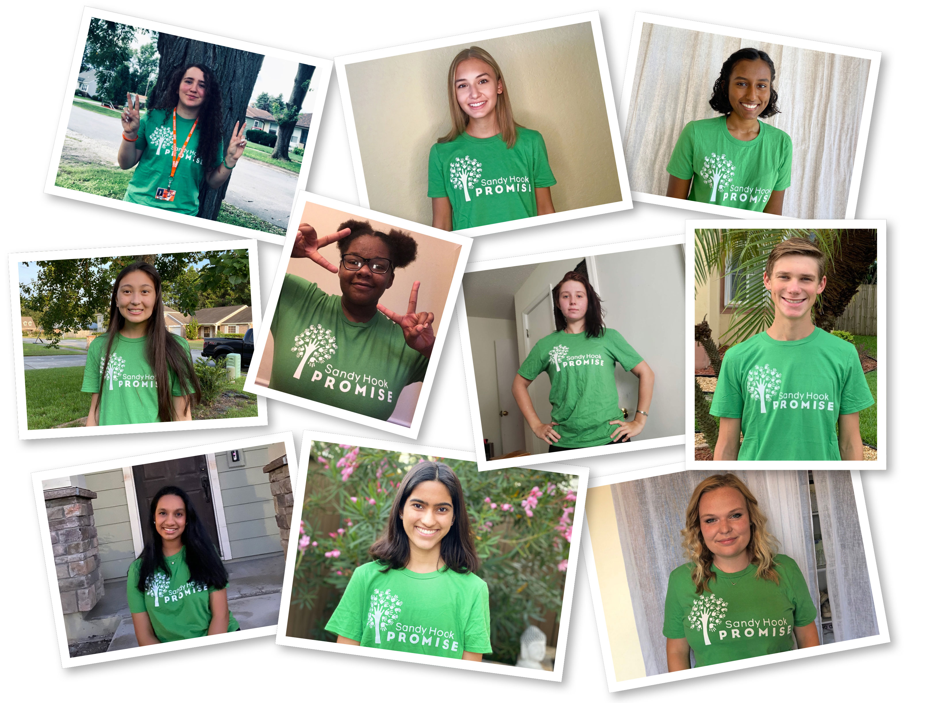 A collage of members of the Youth Advisory Board proudly show their Sandy Hook Promise (SHP) pride, wearing official SHP t-shirts.