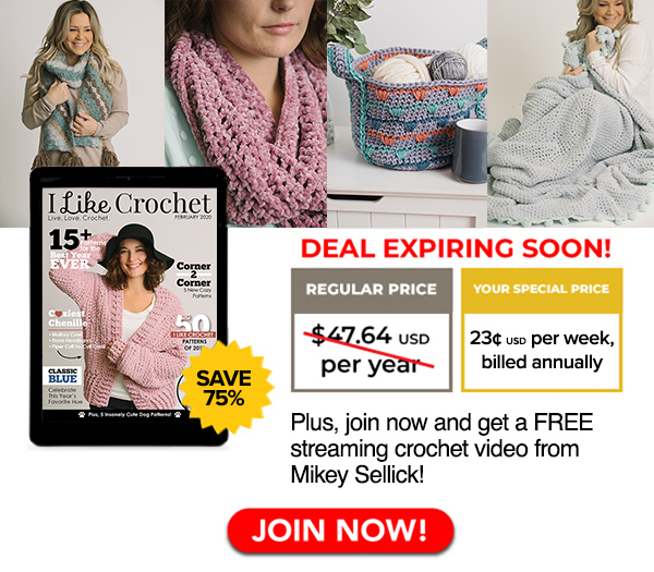 Join I Like Crochets premium all-access Gold Club for 75% OFF the regular price! For only $0.23 per week, billed annually, enjoy unlimited access to I Like Crochets magazines, collections, and library of 5 years of patterns and tutorials. Plus, join now and get a FREE streaming crochet video from Mikey Sellick! Click here to join now