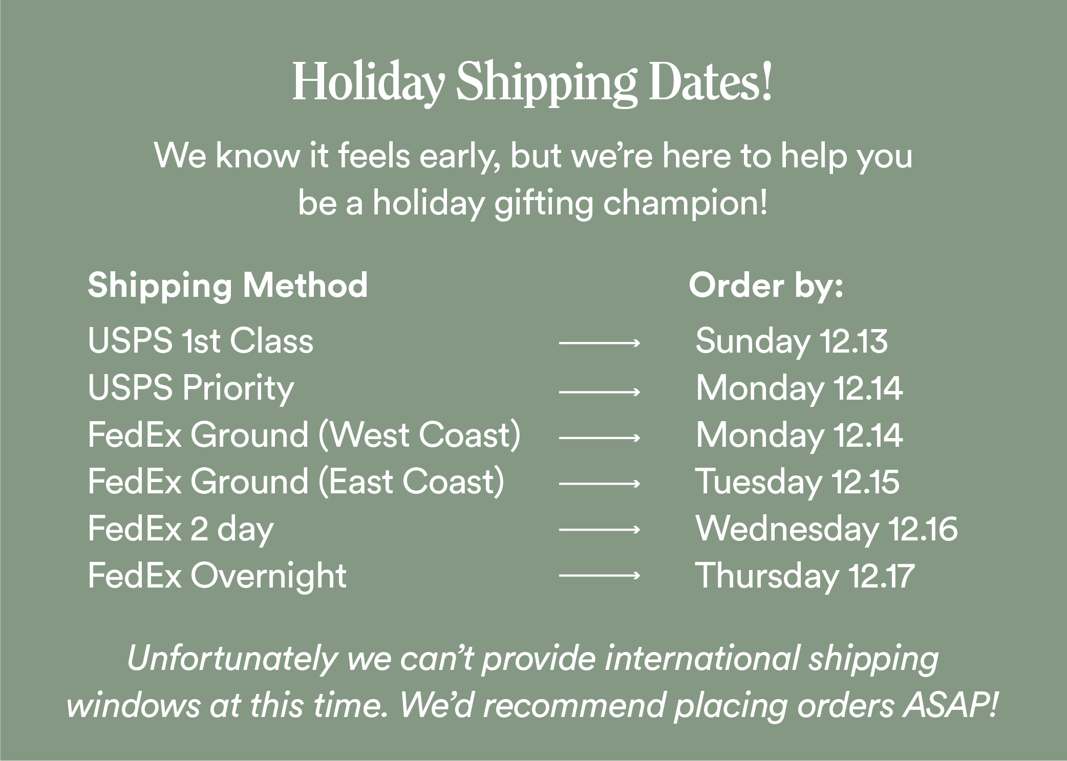 Holiday Shipping Dates
