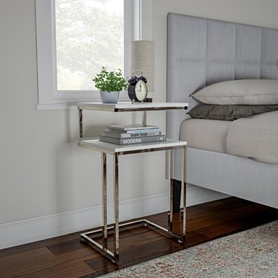 Two-Tier End Table- C Shaped Sofa Side Table with Two Shelves, Contemporary Style Chrome Metal Stand