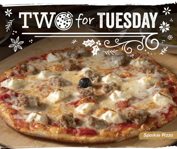 Two for Tuesday - Buy any Brick Oven Pizza, receive a Brick Oven Pizza for FREE!