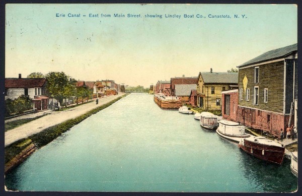 Historic postcard showing the Erie Canal in Canastota, New York