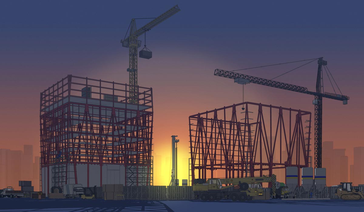 Rendering of a construction site during sunset