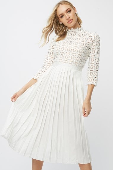 Alice White Crochet Top Midi Dress With Pleated Skirt