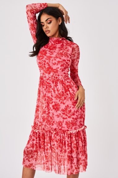 Fleetwood Pink Floral-Print Mesh Midi Dress