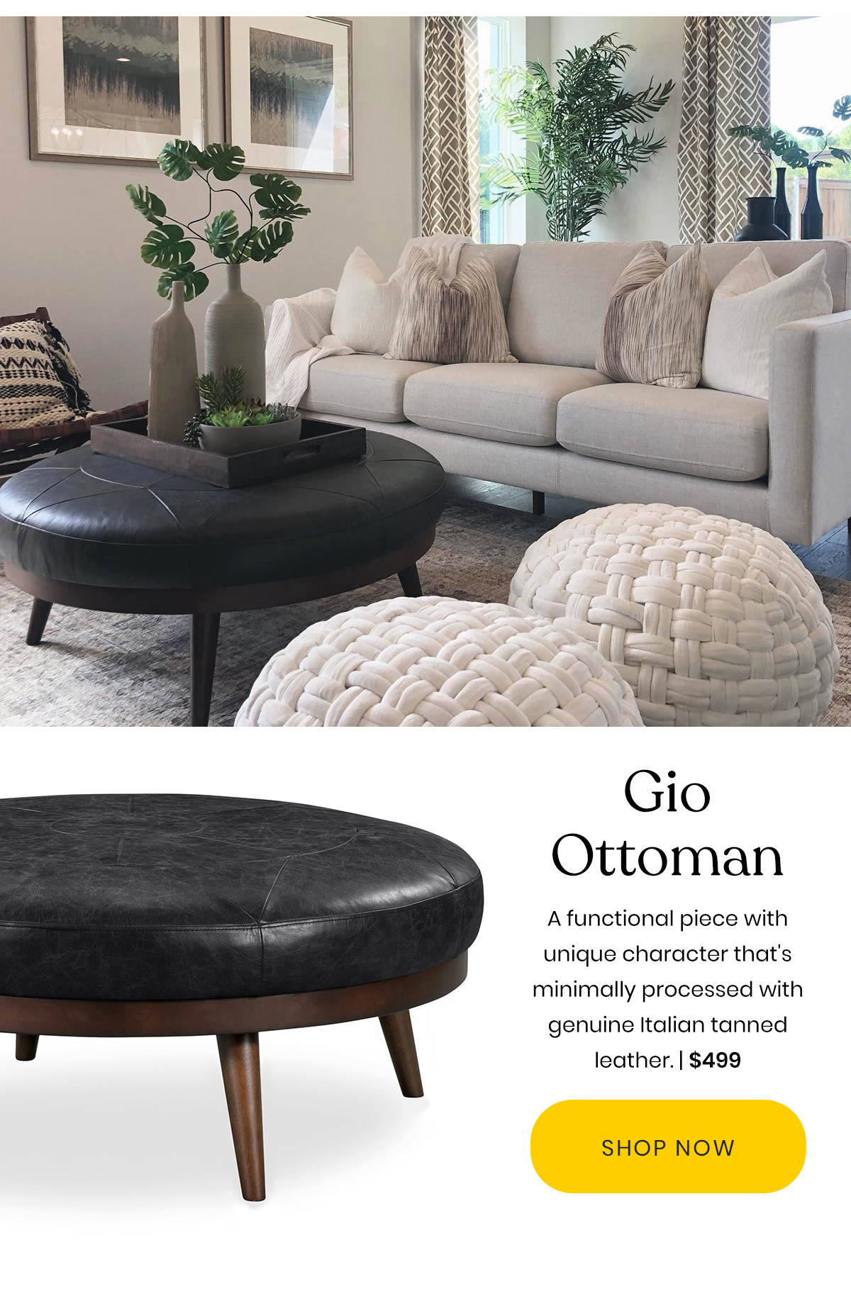 Gio Ottoman | A functional piece with unique character that''s minimally processed with genuine Italian tanned leather. | $499