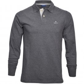Long-Sleeve Contrast Collar Pique Rugger Polo Shirt, Anthracite Melange