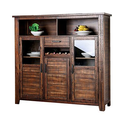 Wood and Glass Server Buffet with Storage Space and Wine Rack, Brown