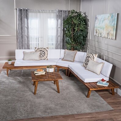 Ellison Indoor Minimalist V Shaped 4 Piece Sandblast Finished Acacia Wood Sectional Sofa Set with White Cushions