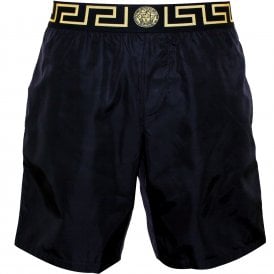 Iconic Luxe Longer-Length Swim Shorts, Black/gold