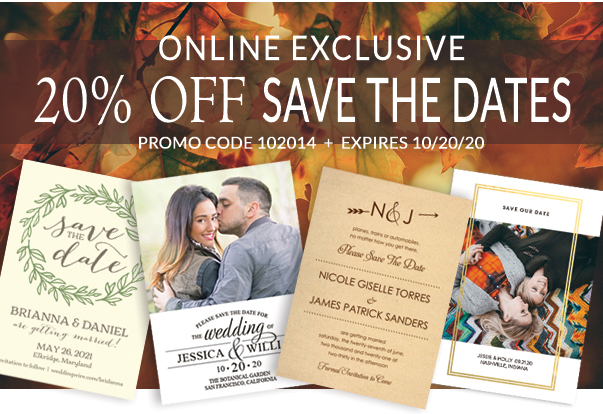 Take 20% off save the dates on your next online order only at theamericanwedding.com