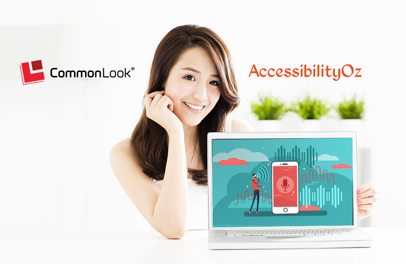 Smiling Asian woman points to a computer showcasing CommonLook webinars