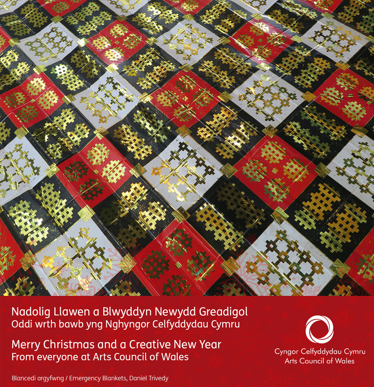 Merry Christmas banner from the Arts Council of Wales with image of Emergency Blankets by Daniel Trivedy